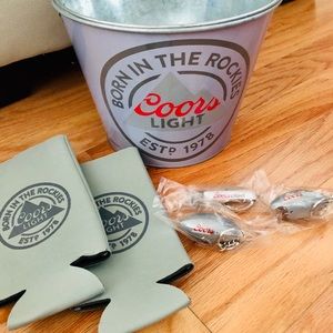 Coors light metal beer bucket koozie keychain set